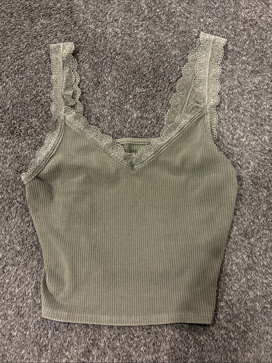 American Eagle Outfitters Tops - American Eagle Outfitters Olive Ribbed Lace-Trim Cami